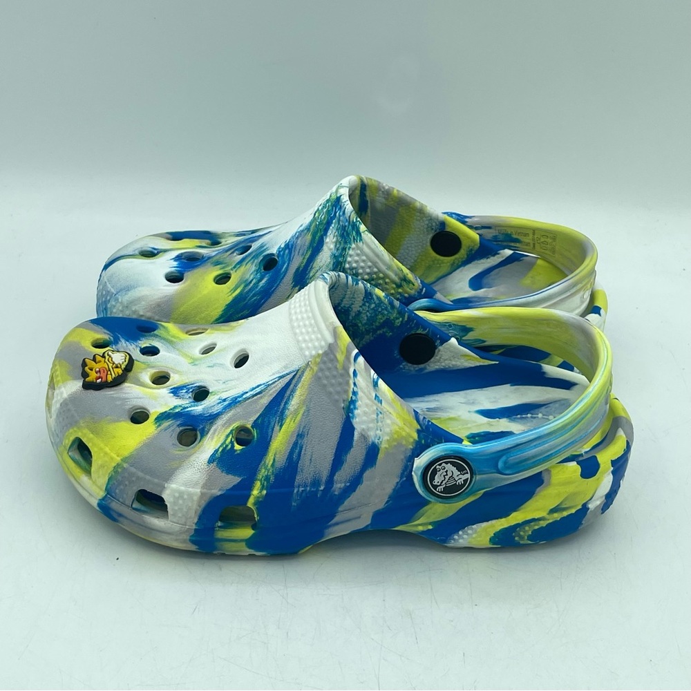CROCS Classic Clog Youth Size C 12 Marbled Tie Dye Blue Yellow + Super Sonic - Picture 7 of 12